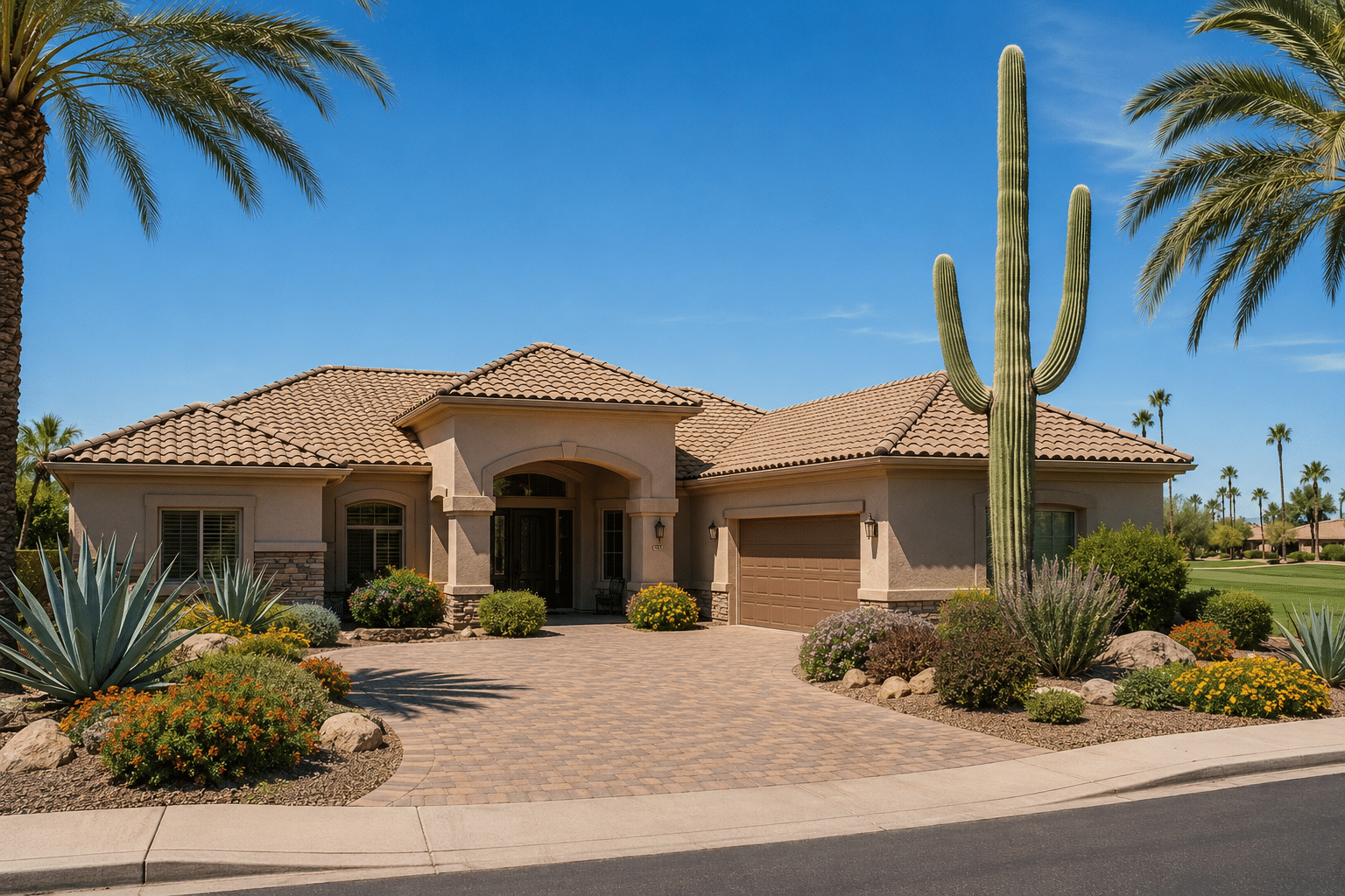 Sun Lakes Arizona single-story Sonoran ranch home at midday