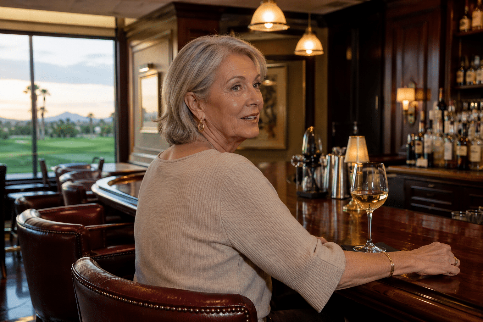 solo woman in her mid-sixties seated at the bar of a Sun Lakes Arizona village country club restaurant