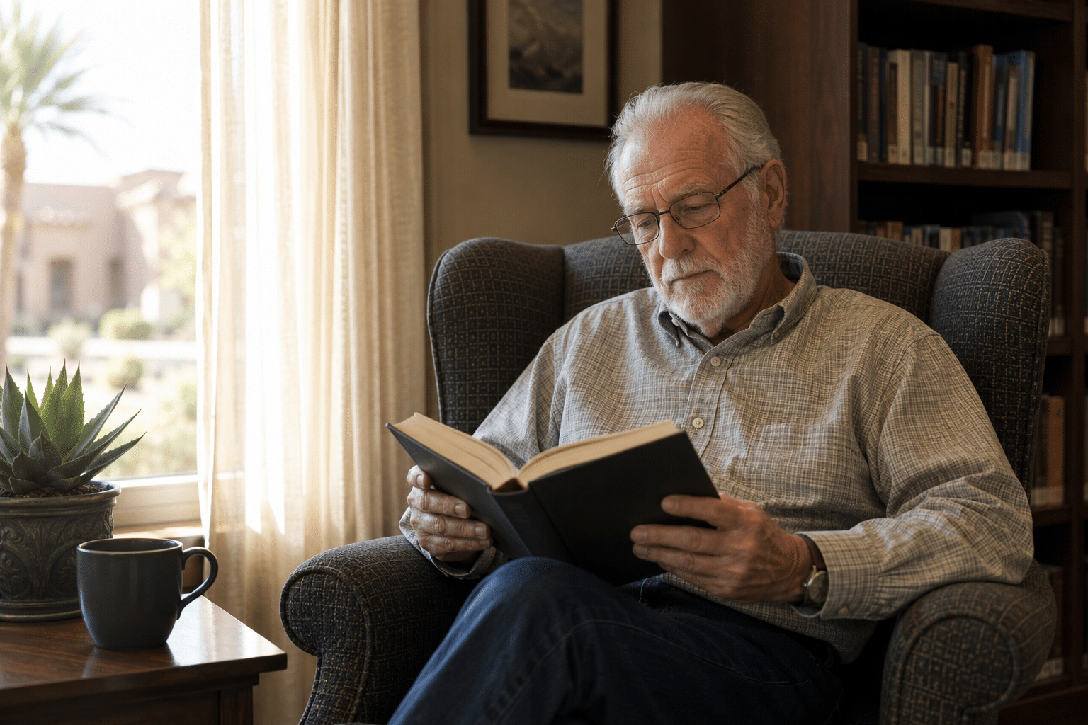 man in his early 70s sitting alone in a deep upholstered reading chair in a quiet corner of a community library inside a 55+ Village Center in Goodyear