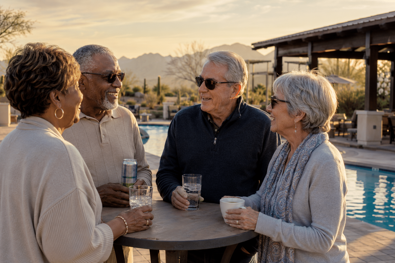 four residents in their 60s and early 70s, two women and two men, ethnically diverse, gathered around a small high-top table on a resort-style pool deck at a 55+ community Village Center in Goodyear, Arizona