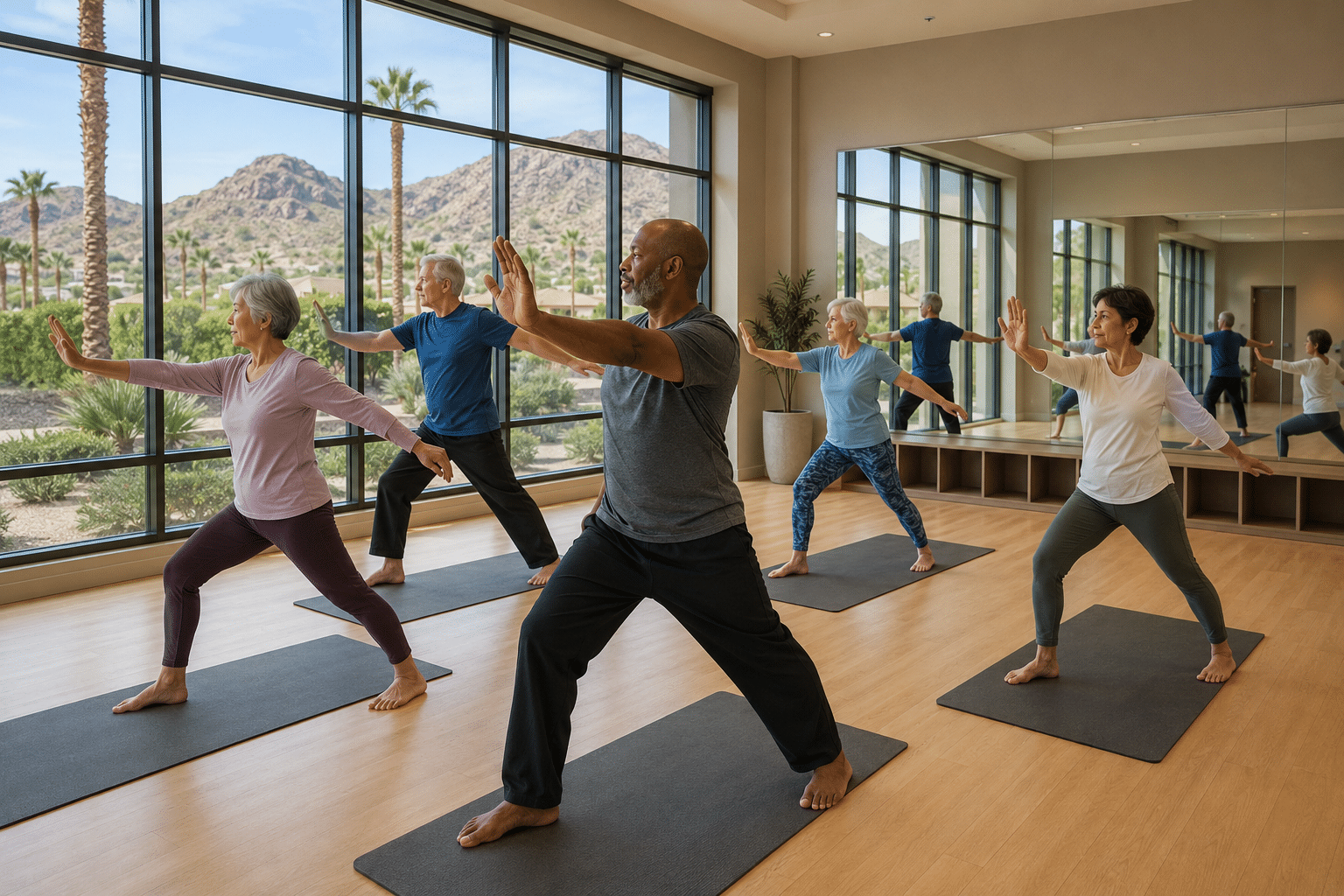 yoga or tai chi class inside a bright, glass-walled fitness studio at a 55-plus club in north Peoria, Arizona