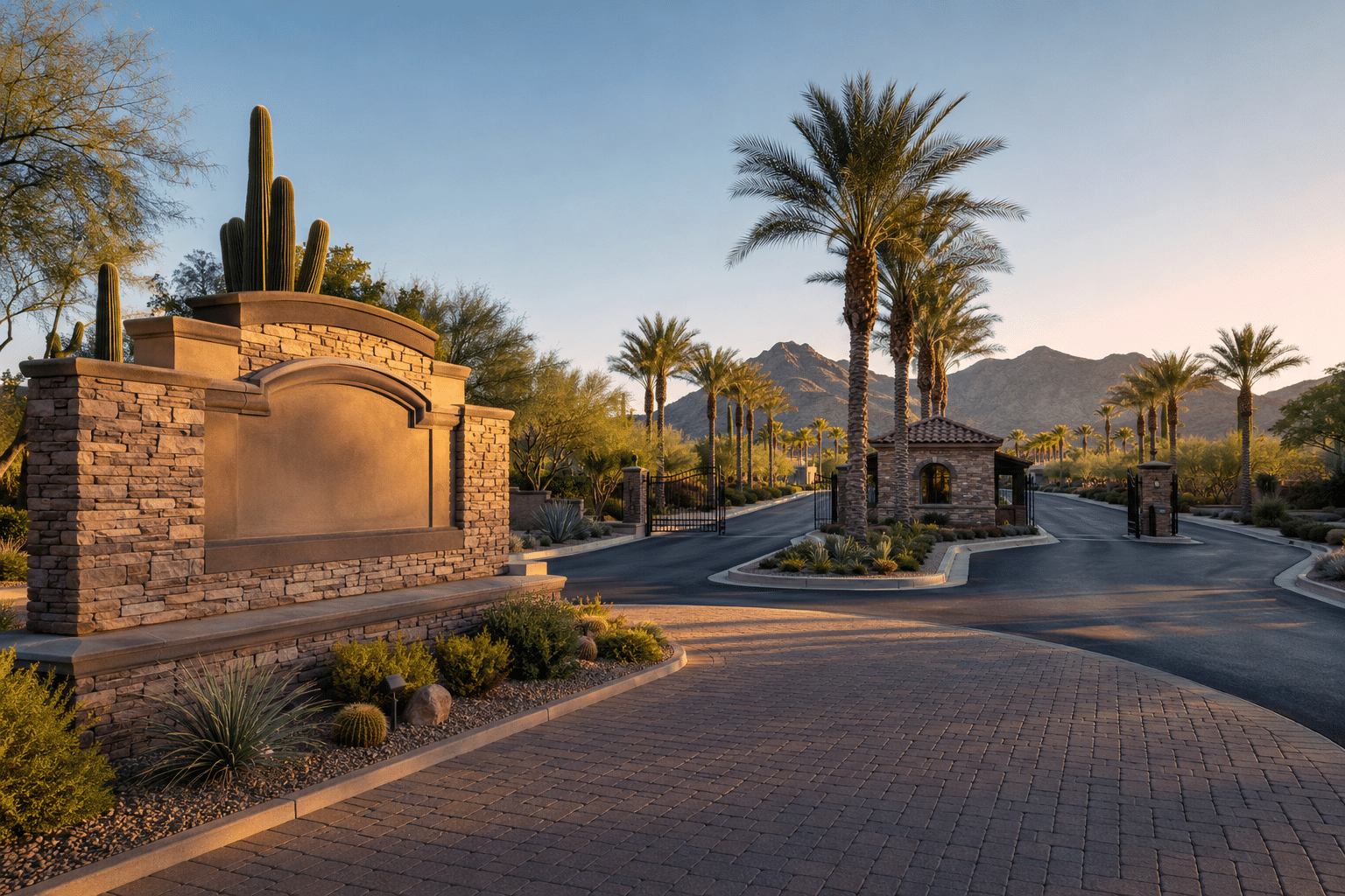 guard-gated community entry boulevard in north Peoria, Arizona,