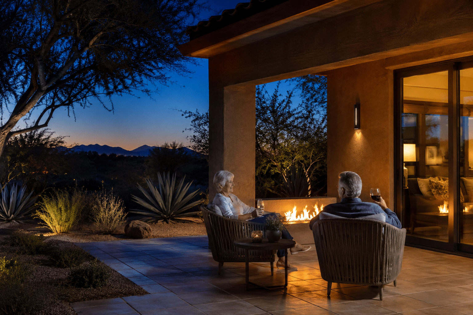 relaxed on the covered patio of a single-story Sonoran-style home in north Peoria, Arizona