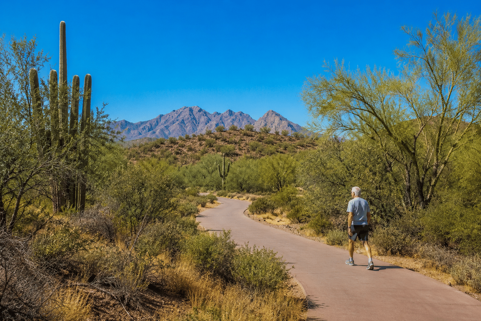 solo resident, a man in his early seventies, walking in profile mid-stride on a paved community trail through native Sonoran desert in north Peoria, Arizona