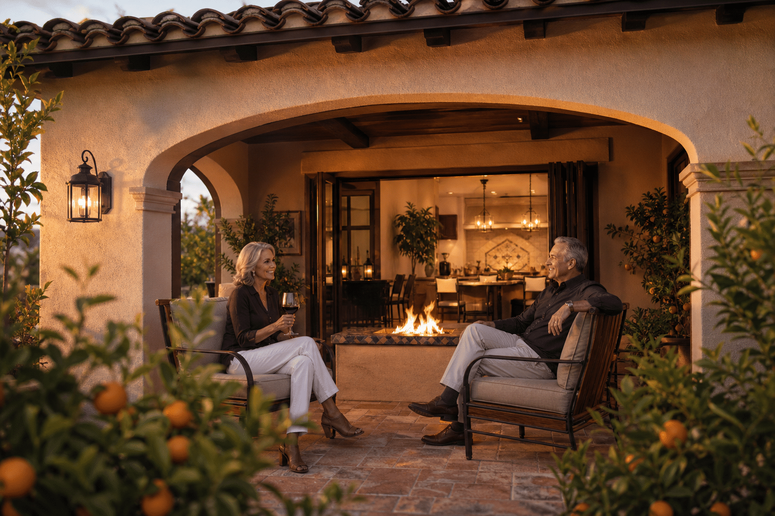 55+ couple, different gender and in their mid-sixties, seated on a covered Spanish-style patio at a Sterling Grove home in Surprise Arizona