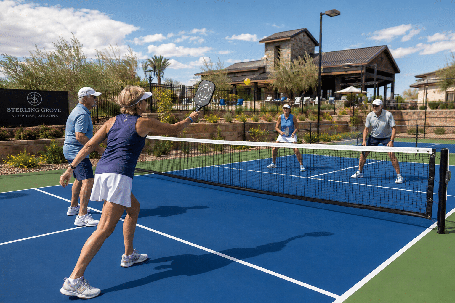 pickleball doubles match in progress on a Sterling Grove court in Surprise Arizona.