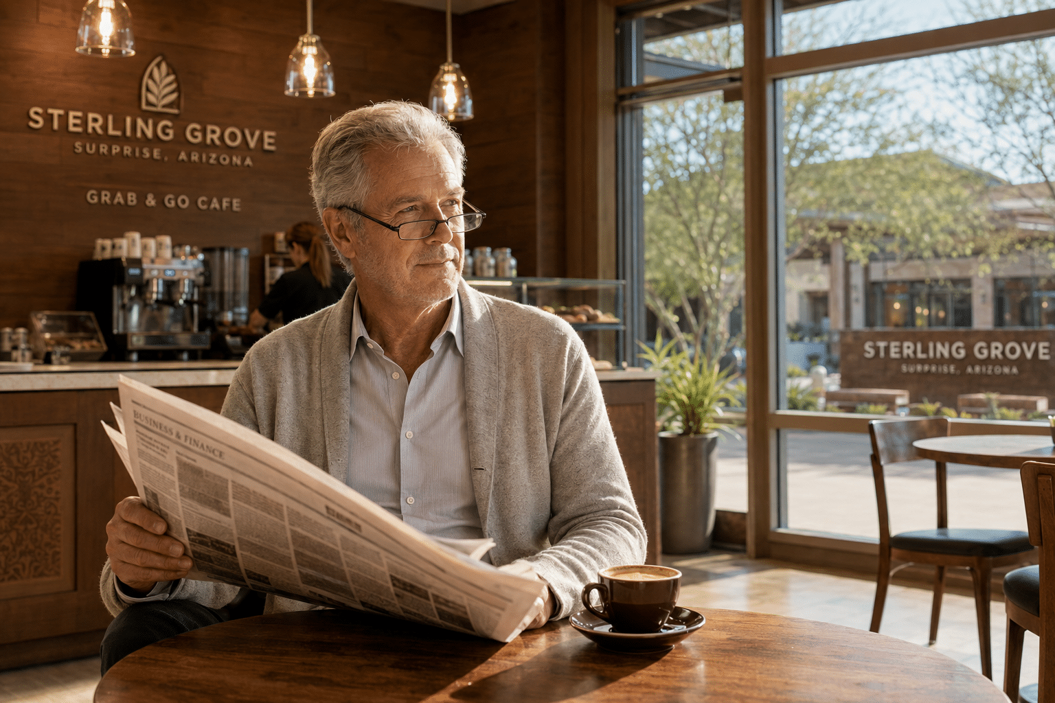55+ man, age mid-sixties, seated at a small bistro table inside Sterling Grove's grab-and-go cafe