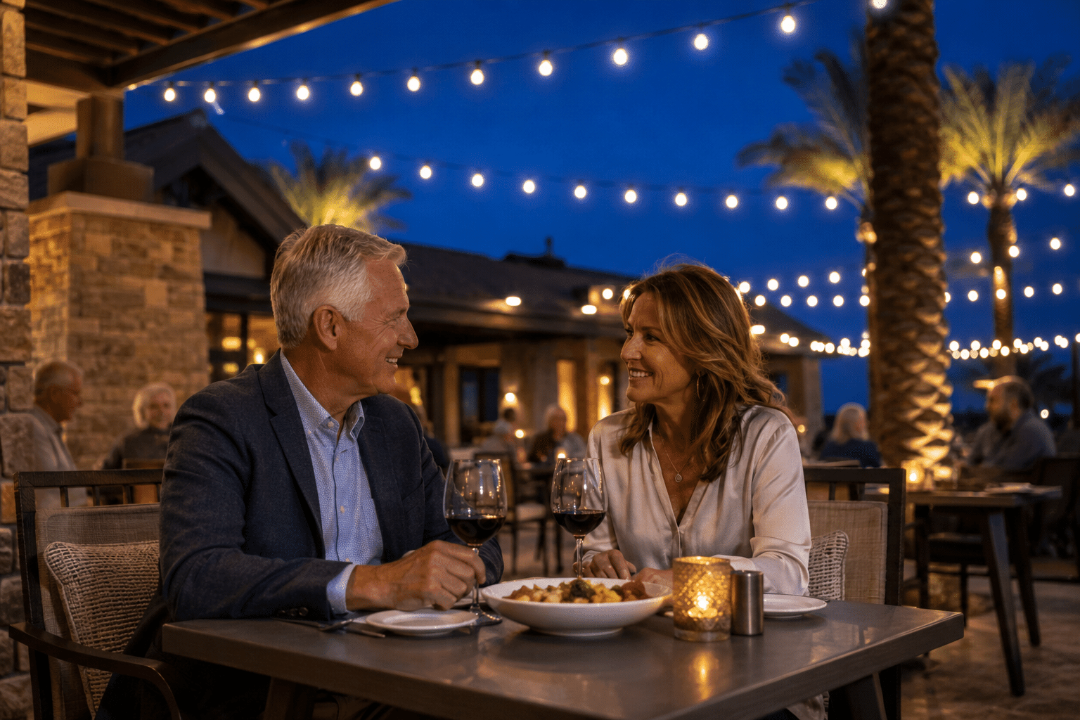 seated at a clubhouse restaurant patio table at Sterling Grove in Surprise Arizona. Wine glasses and a shared appetizer sit on the table