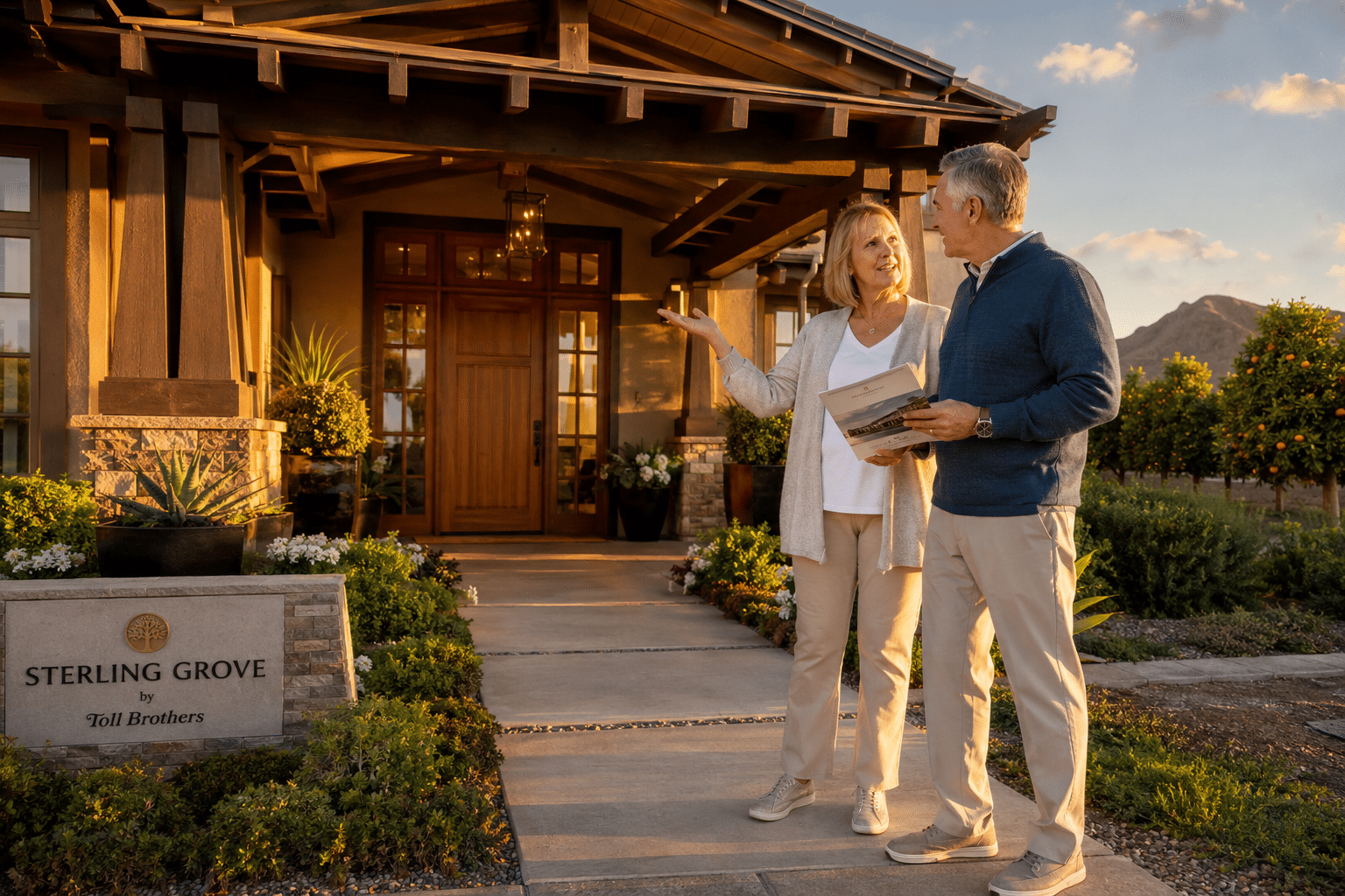 standing at the entry porch of a Sterling Grove model home in Surprise Arizona