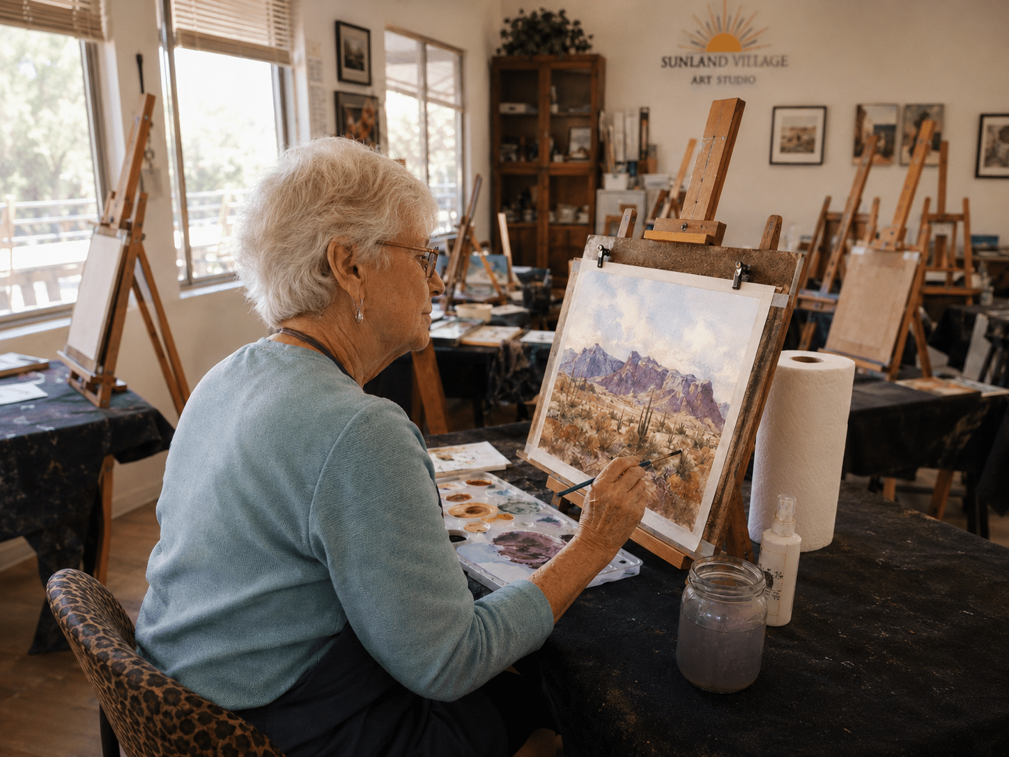 Mesa Real Estate art studio scene at Sunland Village with a resident painting a mountain landscape - West Usa Realty