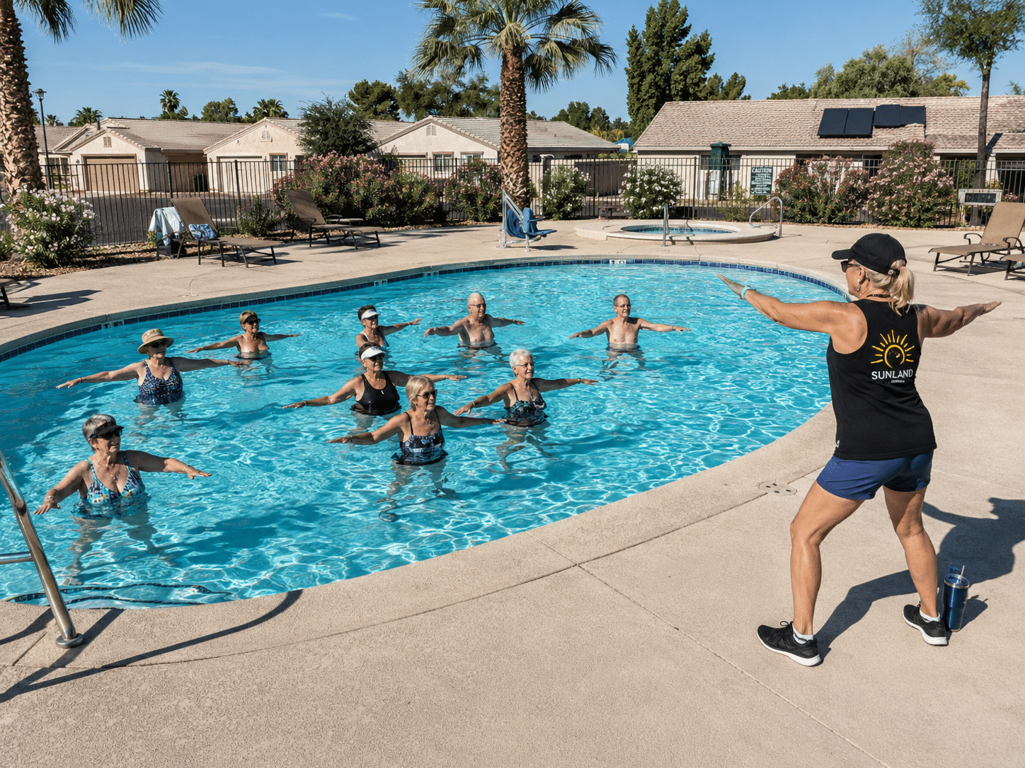 Mesa Real Estate amenities image of an aqua fitness class at the Sunland Village pool in Mesa - West Usa Realty