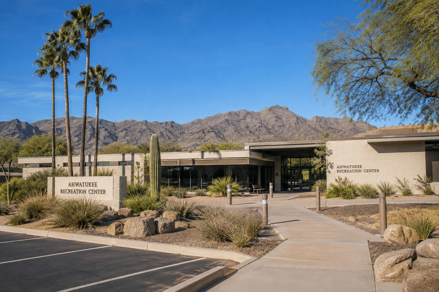 Exterior daytime view of the Ahwatukee Recreation Center main building