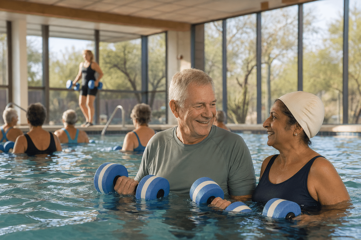 ouple in their mid-sixties standing chest-deep in the indoor pool at the ARC during an aqua aerobics session.