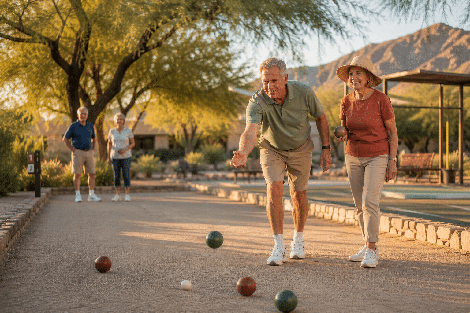 Couple in their mid-sixties on the ARC bocce court mid-game.
