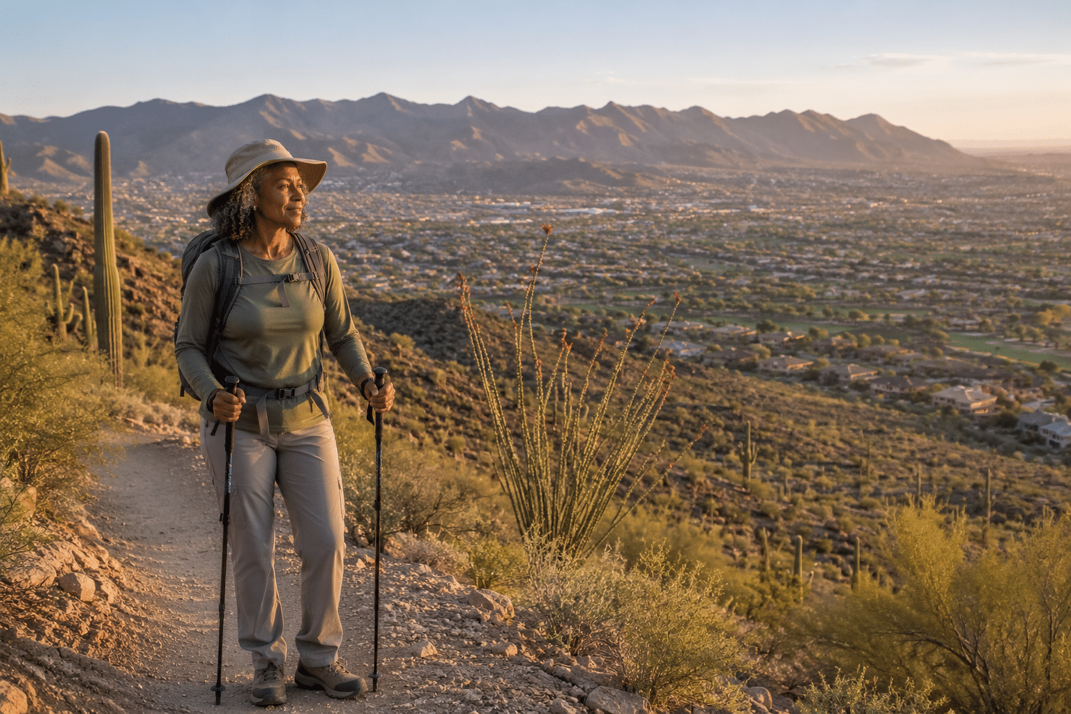 olo female resident, mid-sixties, walking on a desert trail in South Mountain Park, just north of the Ahwatukee Foothills.