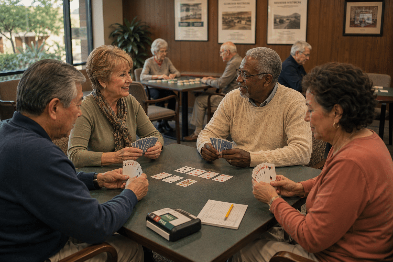 group of four residents in their mid-sixties at a square card table playing bridge in an ARC card room