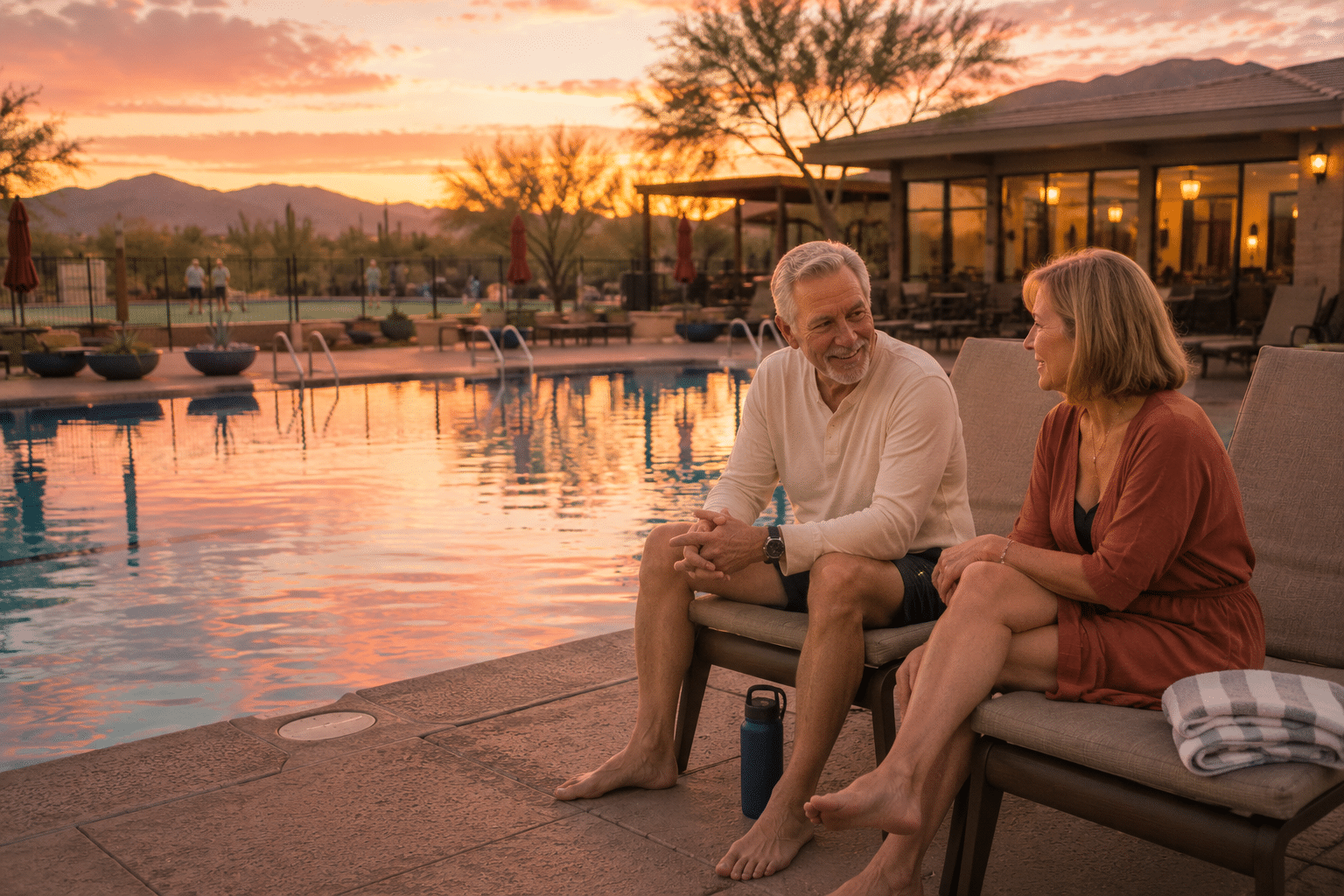 couple in their mid-sixties seated on loungers at the edge of the ARC outdoor pool deck.