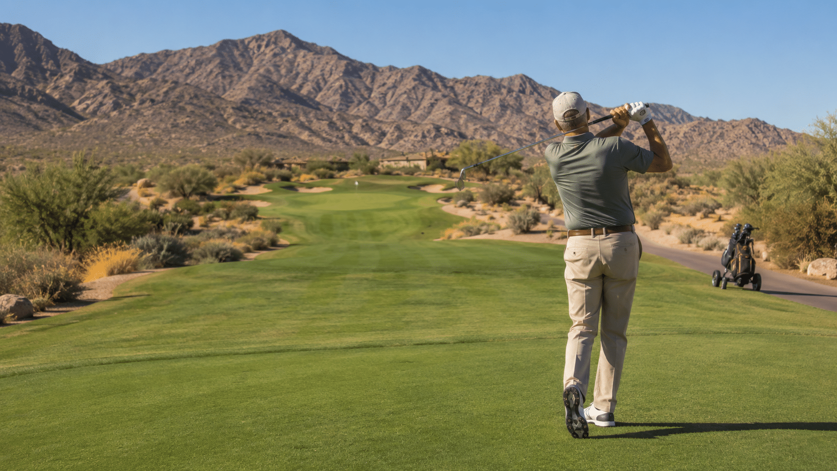 A solo 55-plus golfer mid-stroke on the fairway of one of the Verrado Golf Club courses (Founders or Victory course)