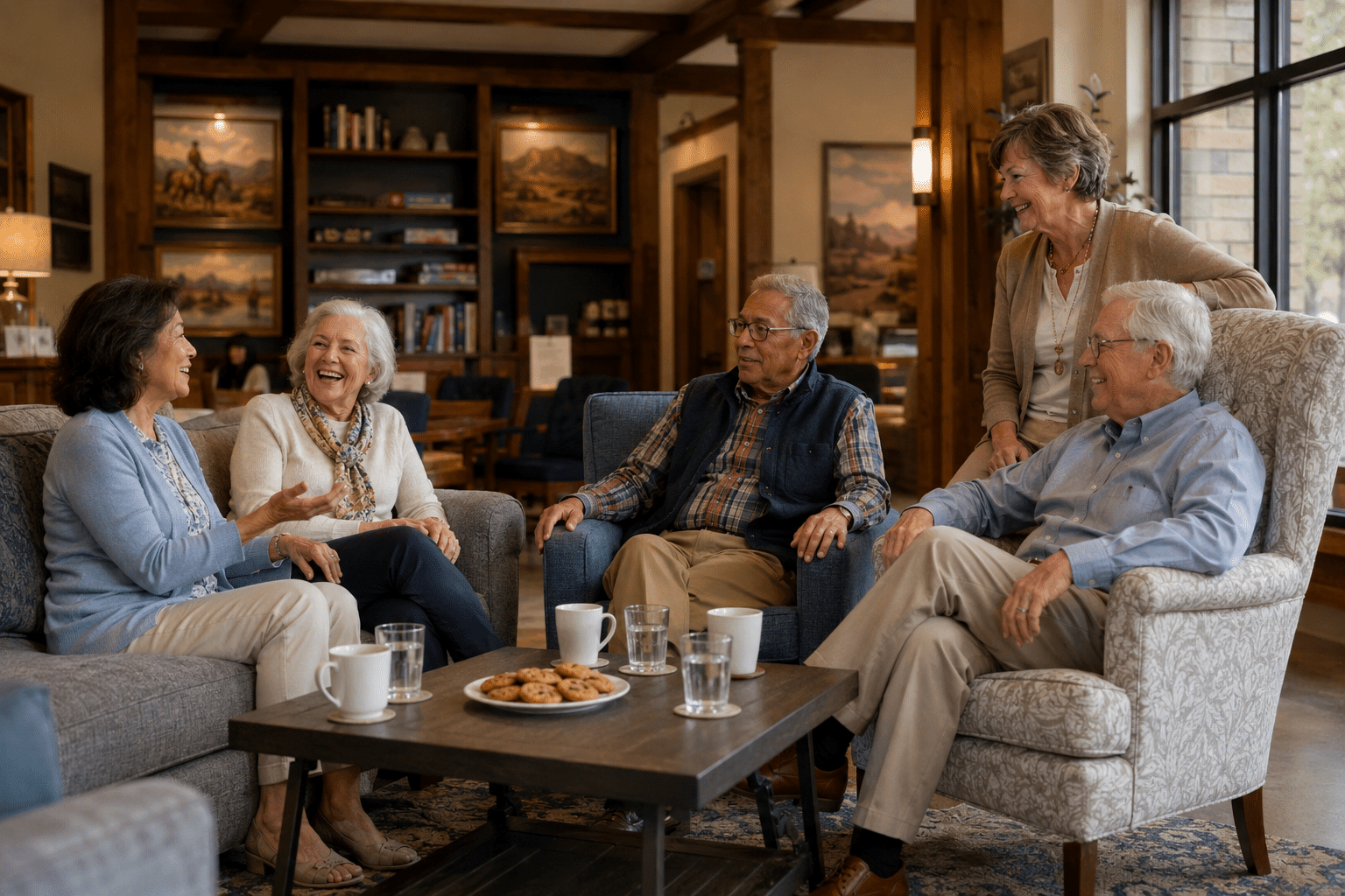 A group of five 55-plus residents in animated conversation in the indoor social lounge of the Heritage Club at Victory.