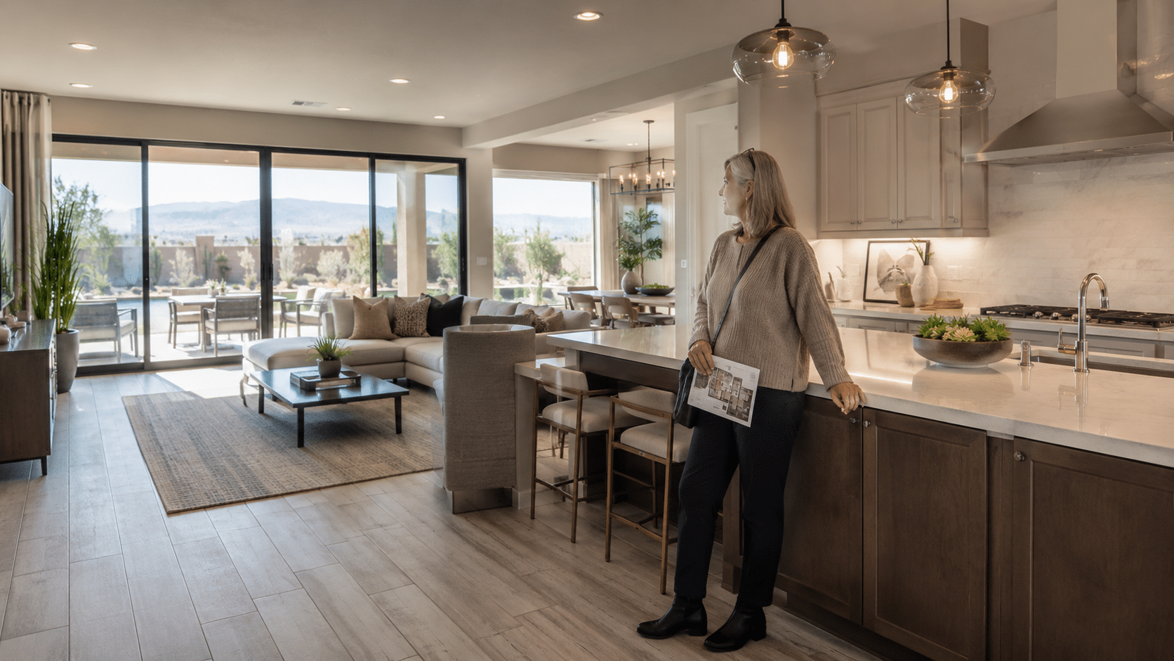 A solo 55-plus woman walking through the great room and kitchen of an Esplanade model home on a self-guided tour.