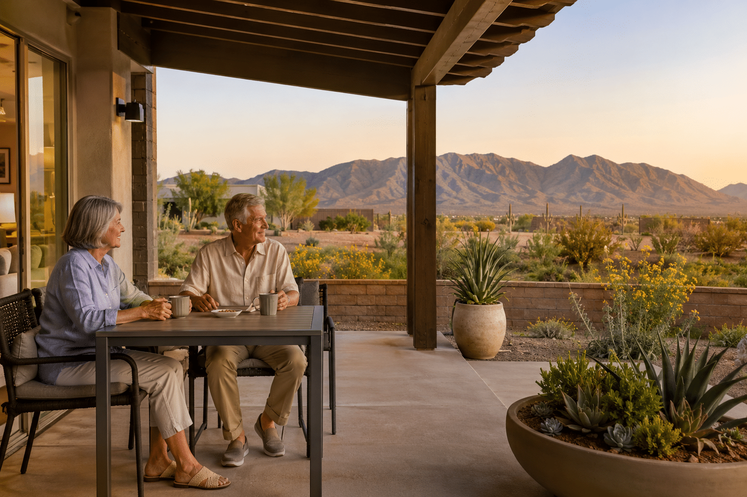 A 55-plus couple seated at a small patio table on the covered back patio of an Esplanade home, in late-afternoon conversation
