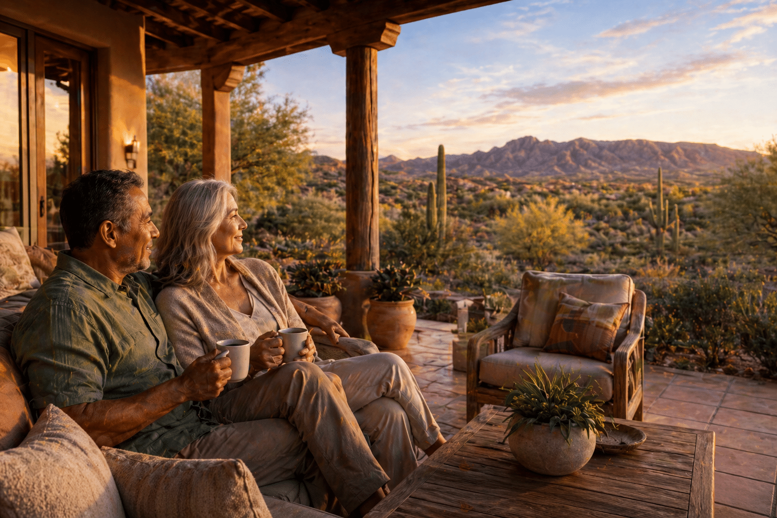 covered ranch-style patio in late golden-hour light