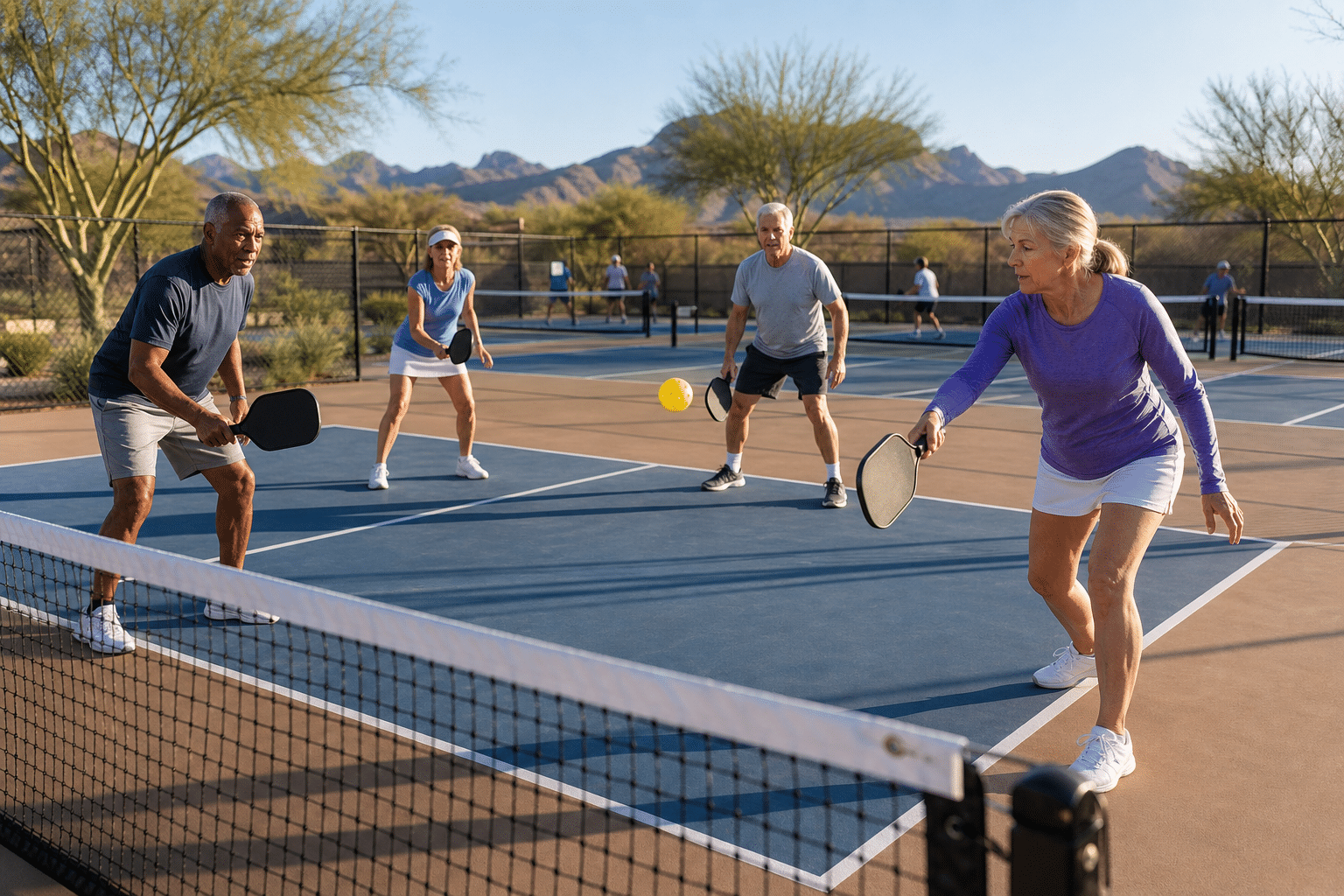 Pickleball action under desert skies