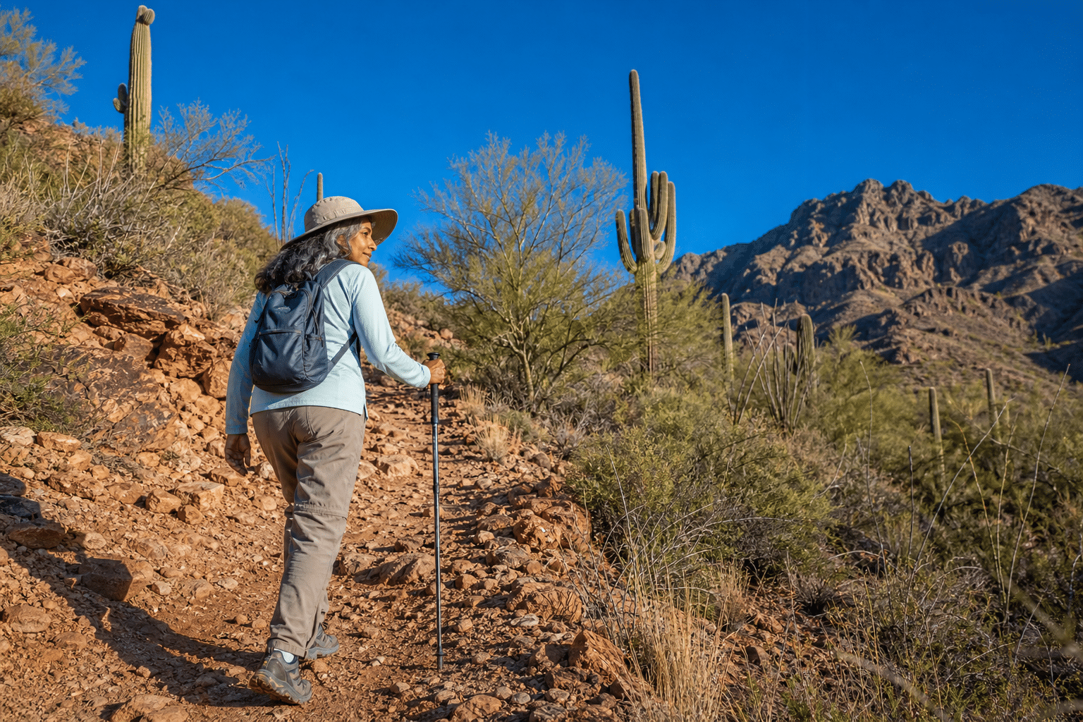 hiking a rocky high-Sonoran-desert trail in bright morning light
