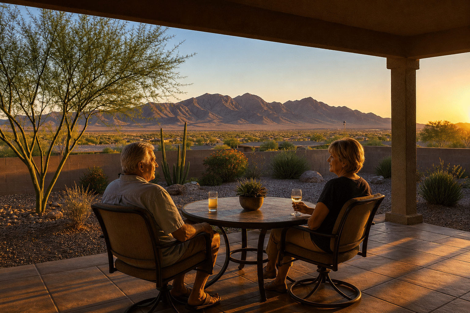 relaxing on the covered back patio of their Sun City Festival home in Buckeye, Arizona