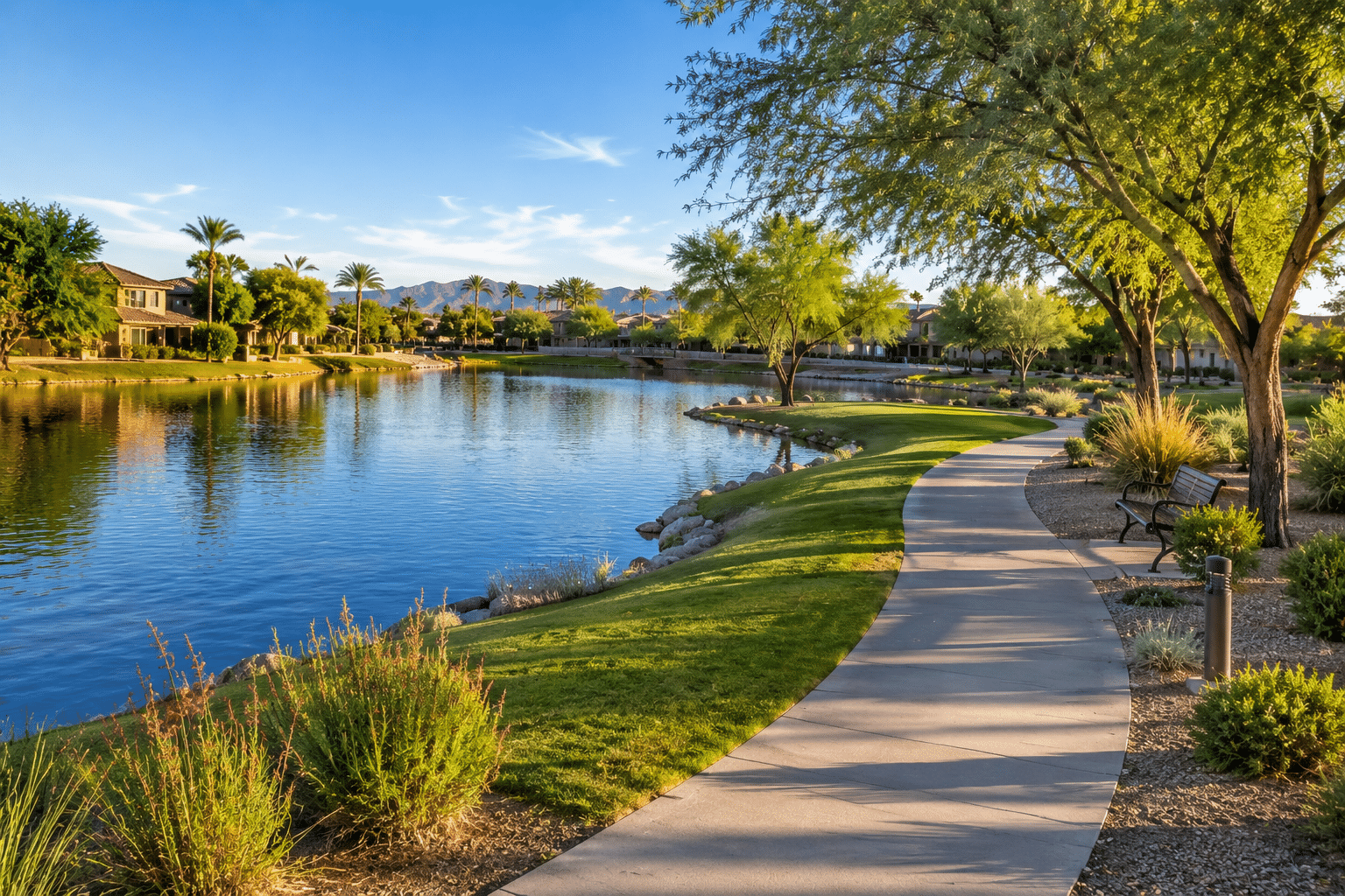 Power Ranch community fishing lake with walking trail and greenbelts