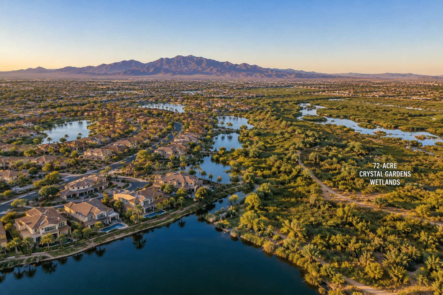 Crystal Gardens Avondale AZ aerial view of neighborhood and 72-acre wetlands