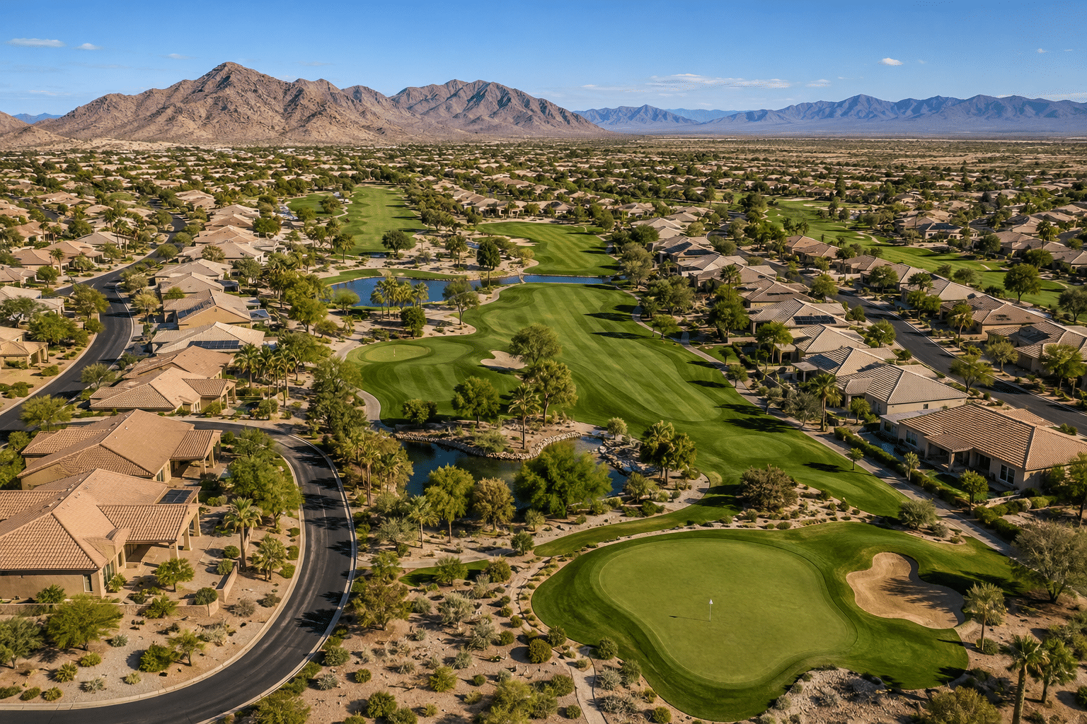 Sundance Buckeye AZ 55+ community aerial view golf course