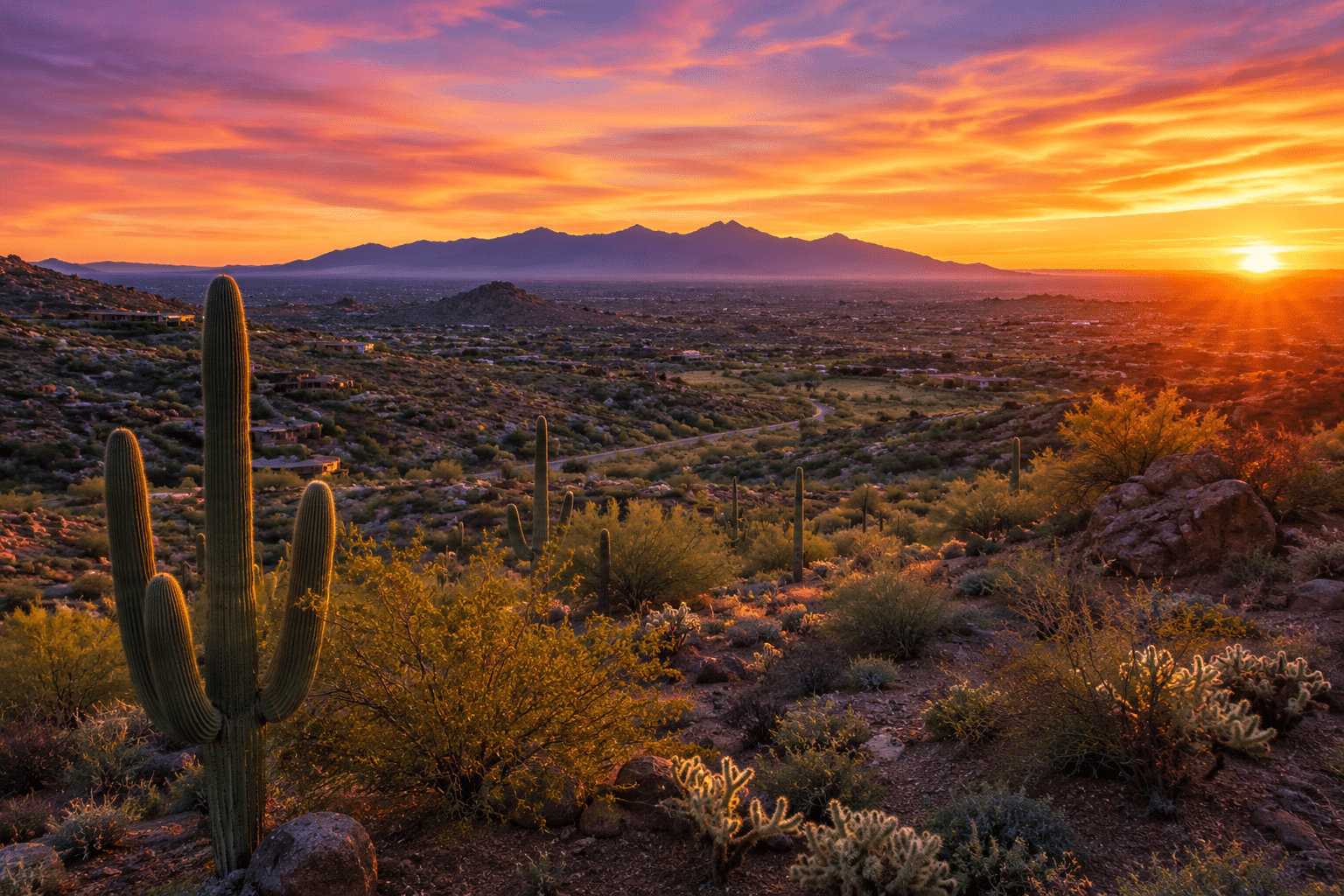 Eagles Nest Fountain Hills Sonoran Desert panoramic lot views Four Peaks at sunset
