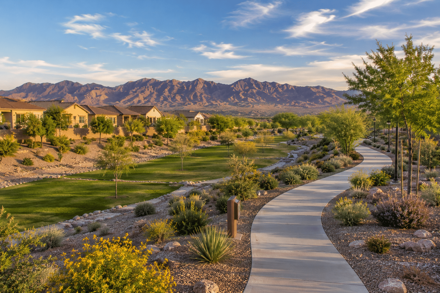 Rancho Mercado neighborhood greenbelt walking trail White Tank Mountains backdrop