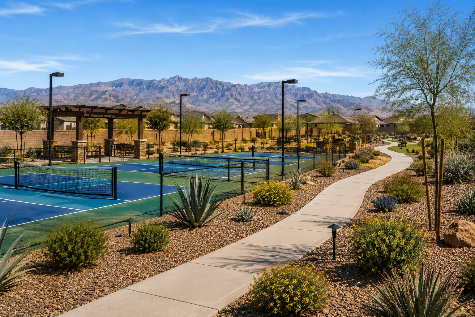 Zanjero Pass community pickleball courts and walking trails West Valley AZ