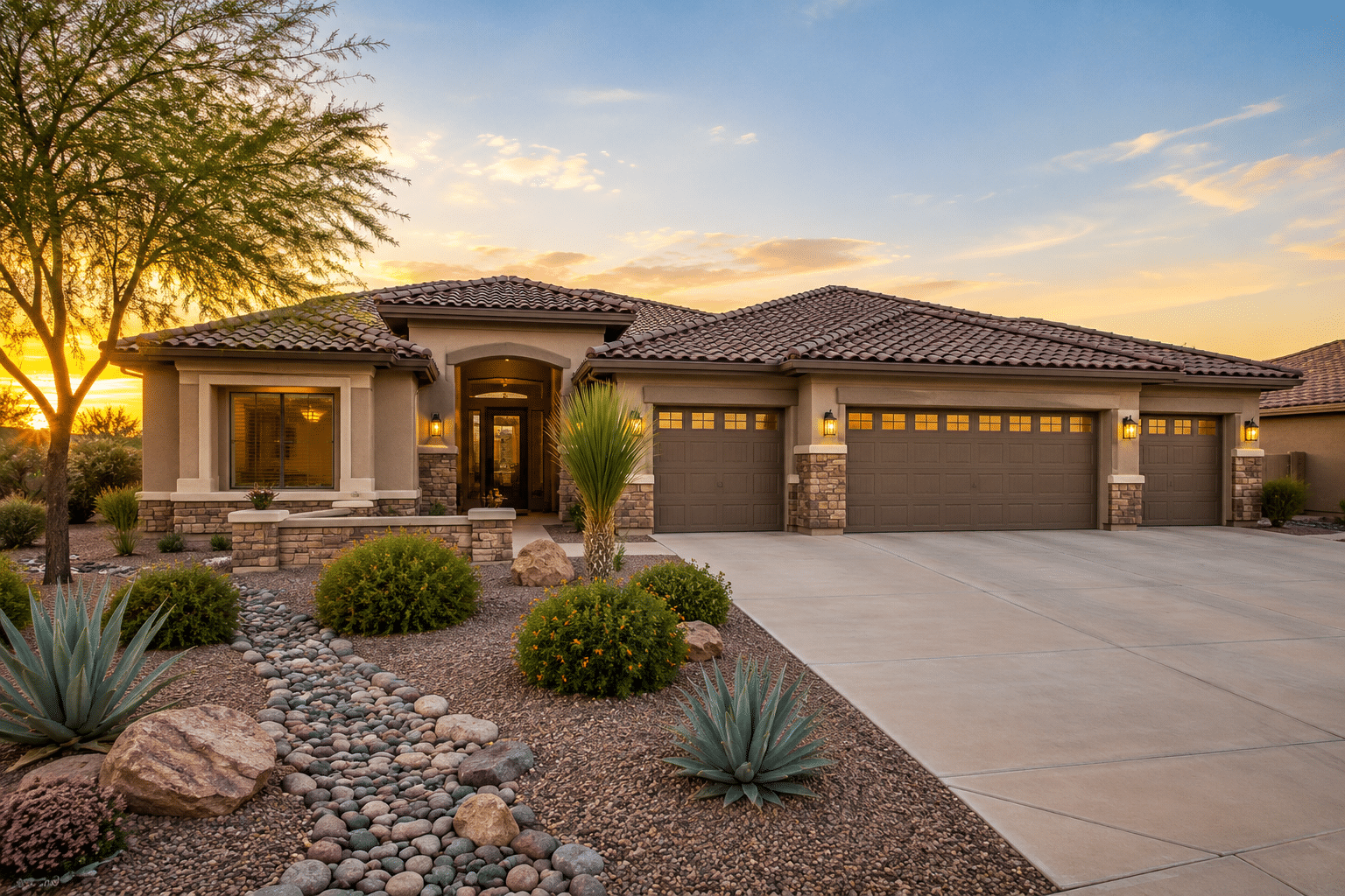 Hawthorn Manor single-story home with desert landscaping and four-car garage
