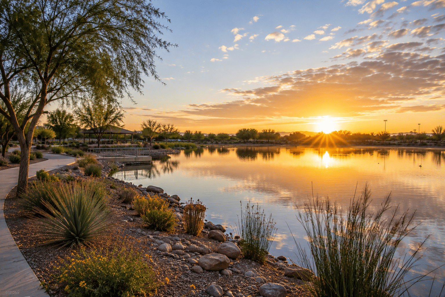 Veterans Oasis Park Chandler AZ fishing lake at sunrise