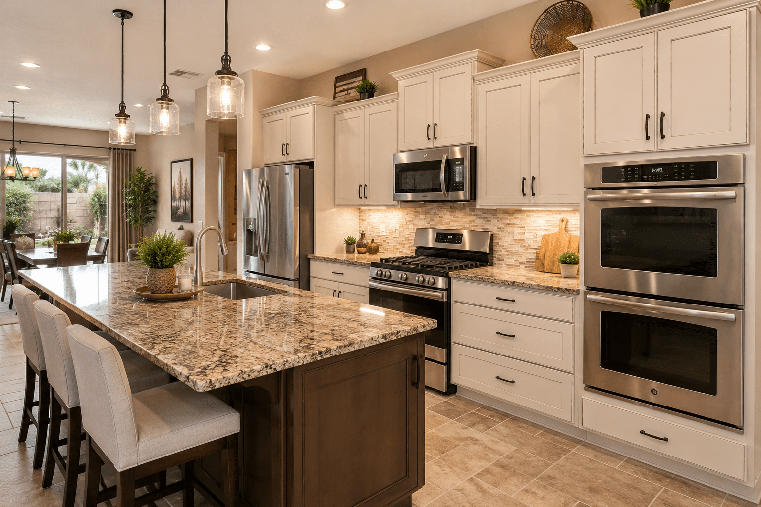 Hawthorn Manor kitchen with GE stainless appliances and granite countertops