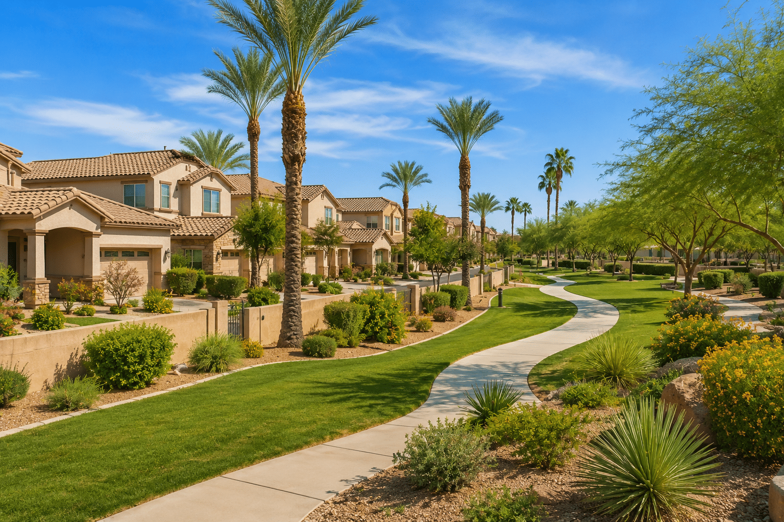 Fox Crossing homes for sale palm tree greenbelts walking path