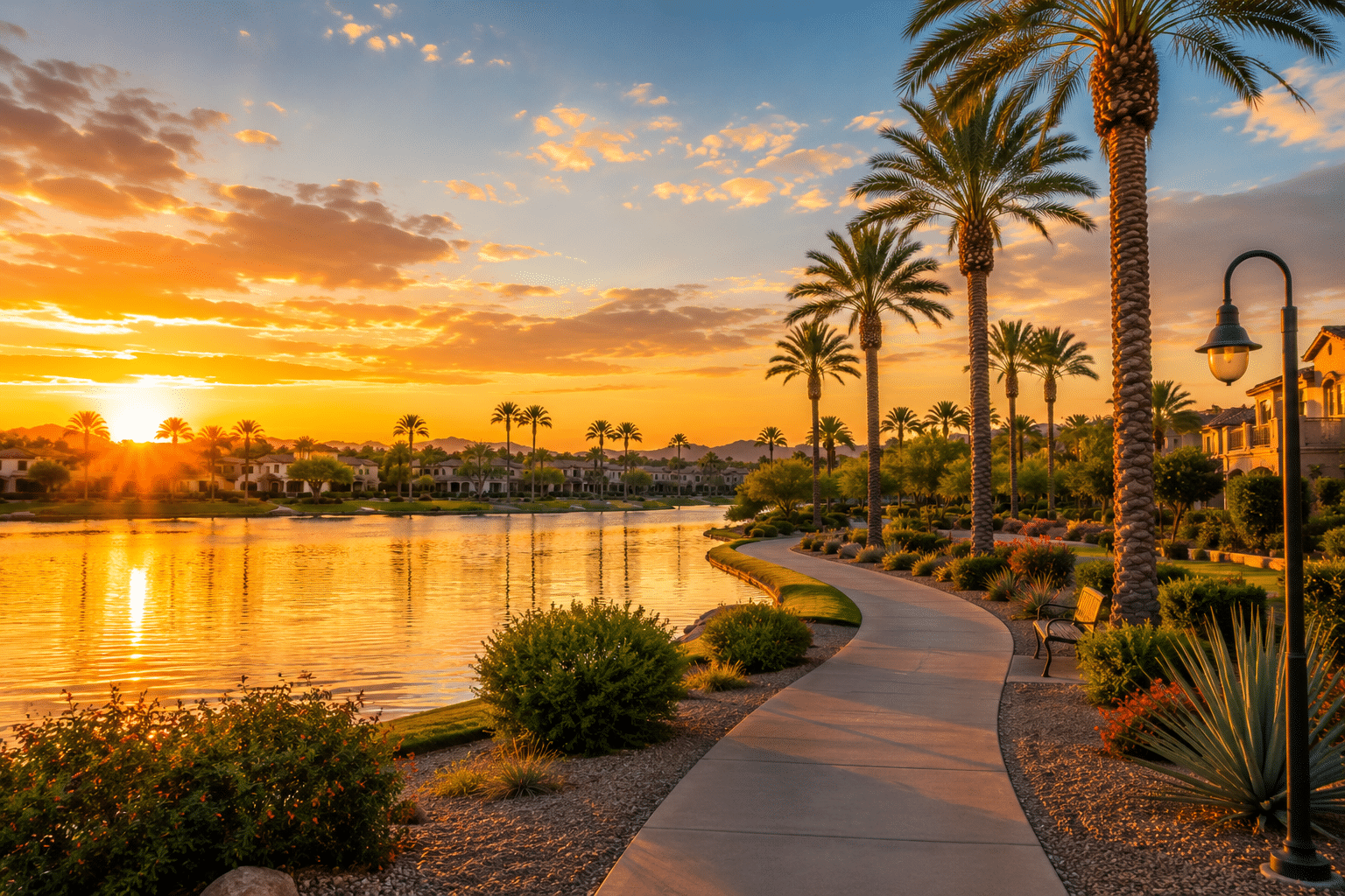 Fulton Ranch AZ lakeside walking trail at sunset with palm trees