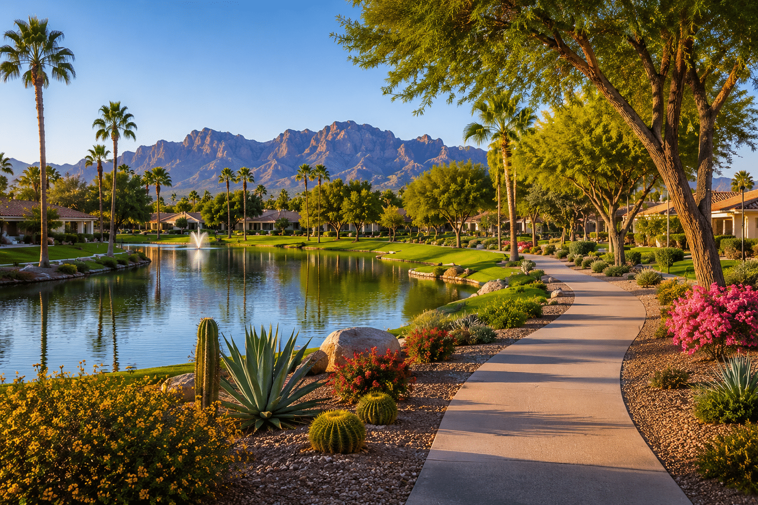 Leisure World Mesa AZ walking paths through mature lakeside desert landscaping