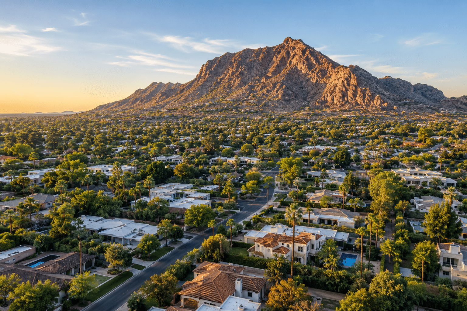 Arcadia Phoenix neighborhood aerial view with Camelback Mountain backdrop
