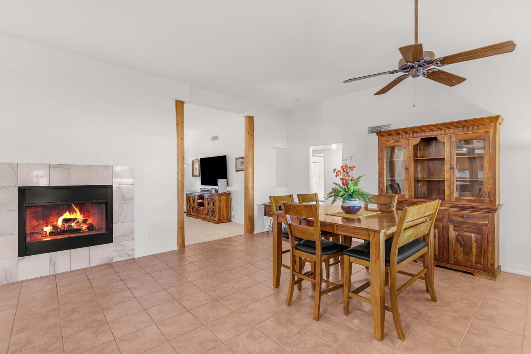 Dining area next to the fireplace