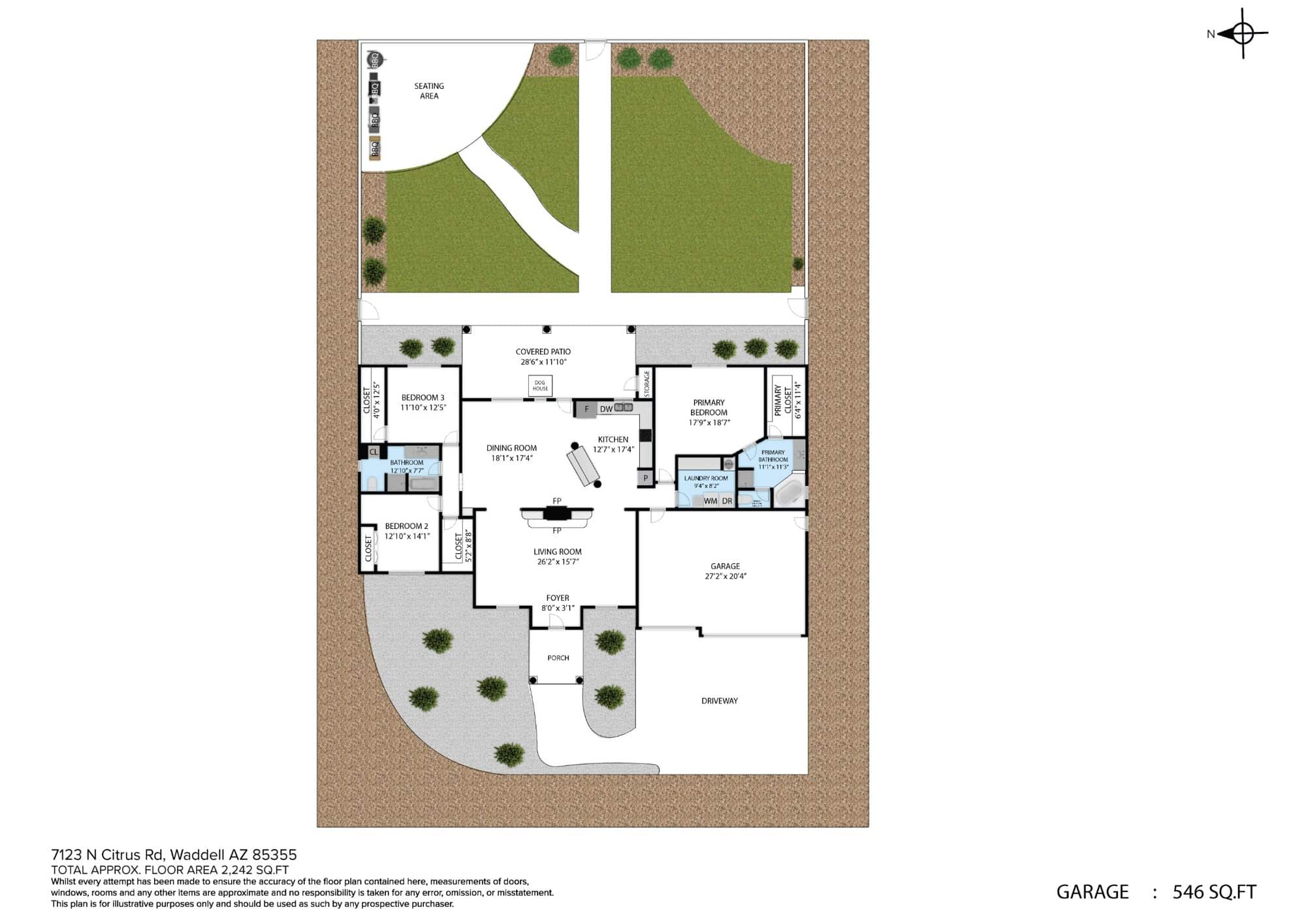 Floor plan of 7123 N Citrus Rd showing the living room, dining room, kitchen, three bedrooms, two baths, laundry room, garage, covered patio and backyard
