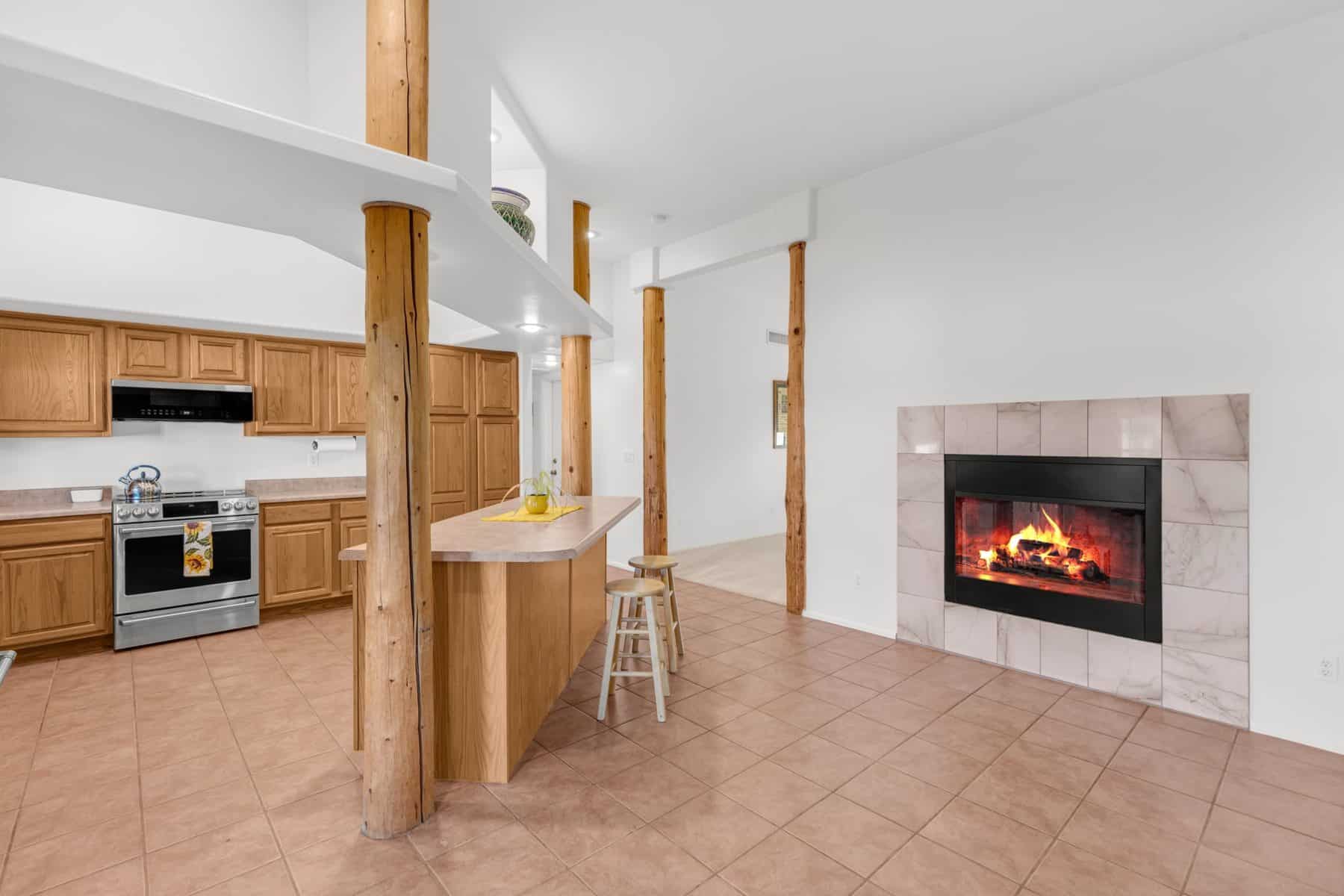 Kitchen side of the see-through fireplace