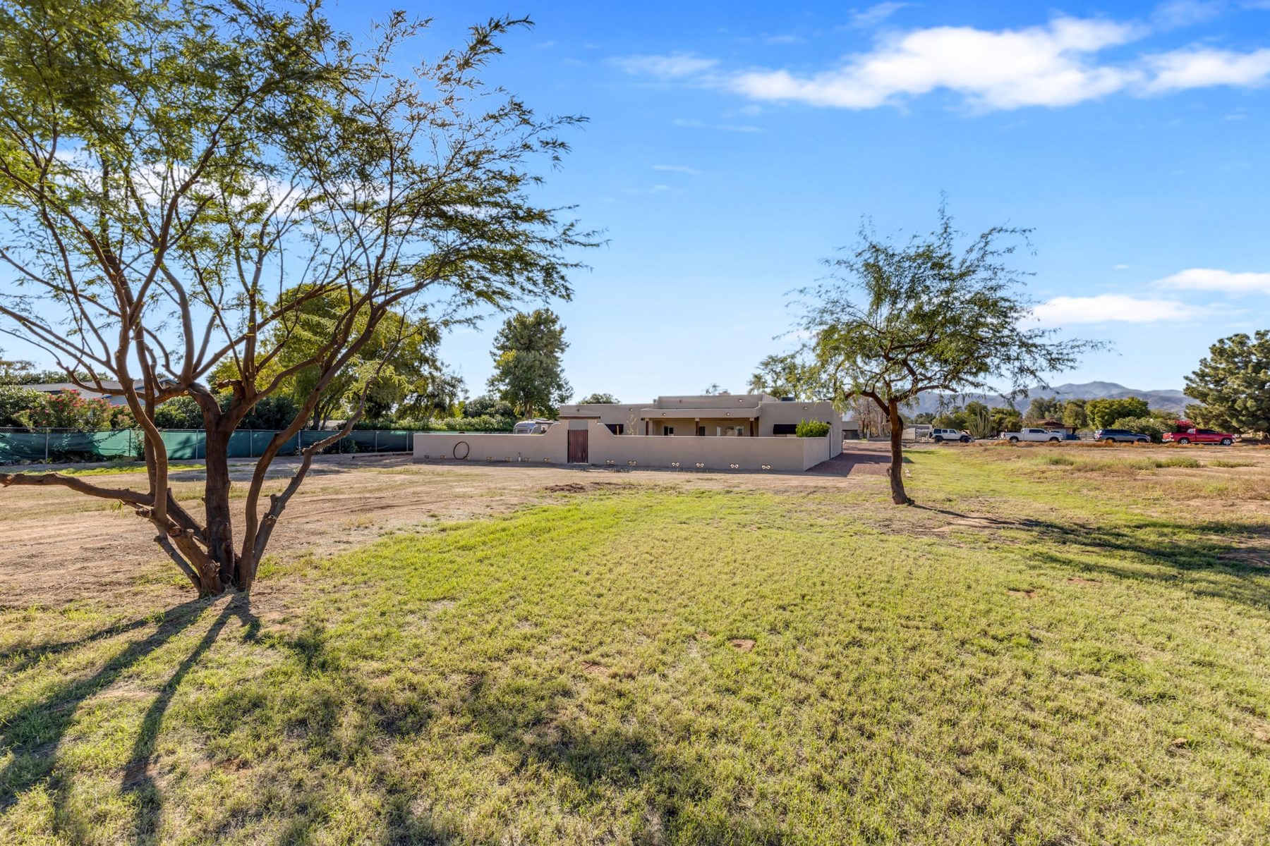 Grass pasture behind the walled backyard with mesquite trees and mountains in the distance